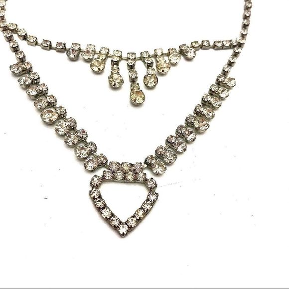 𝅺Double Drop Rhinestone Necklace Silver Vintage - Picture 8 of 14